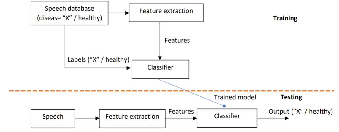 A general structure of a detection system based on the traditional
pipeline approach. Speech database includes labelled speech signals
(disease “X” vs. healthy). In the upper part, the classifier is trained
using the labelled speech signals and selected features. In the lower
part, the system is tested for an unseen speech signal. Classifier can
be, for example, SVM.